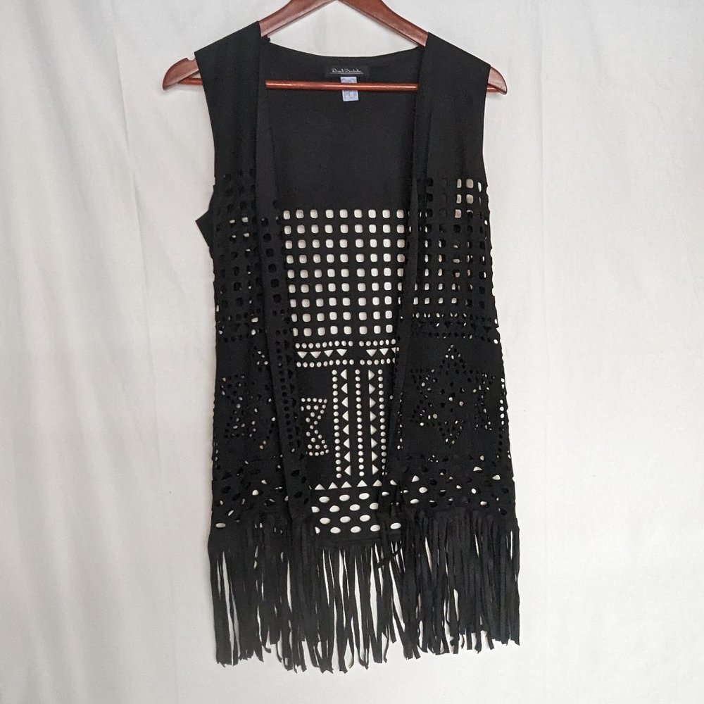 Boho long fringe vest  with laser cuts black one size EUC Renato Balestra